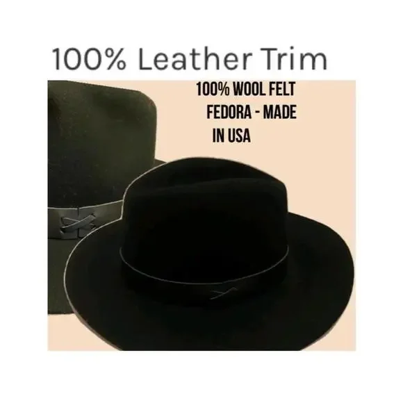 NWT Hat Attack Womens 100% Wool Felt Brimmed Fedora Leather Trim Black Hat - Picture 3 of 12